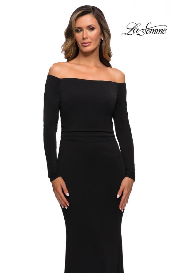 Picture of: Long Sleeve Off The Shoulder Jersey Evening Gown in Black, Style: 28054, Detail Picture 1