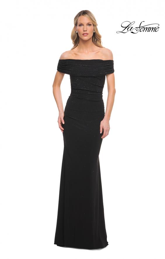 Picture of: Beaded Long Jersey Off the Shoulder Gown in Black, Style: 30117, Detail Picture 1