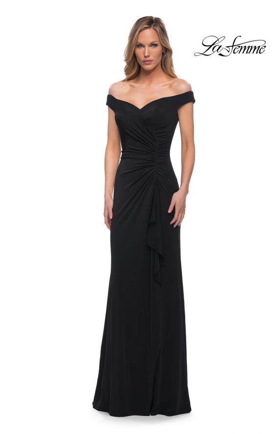 Picture of: Off the Shoulder Ruched Jersey Gown in Black, Detail Picture 3