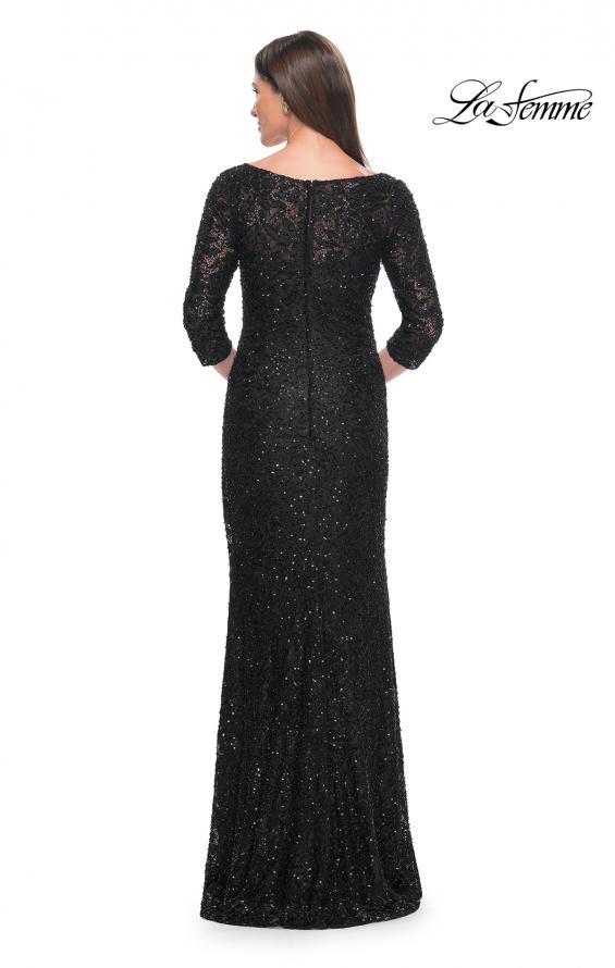Picture of: Fitted Beaded Lace Evening Gown with Ruching in Black, Style: 31721, Detail Picture 4
