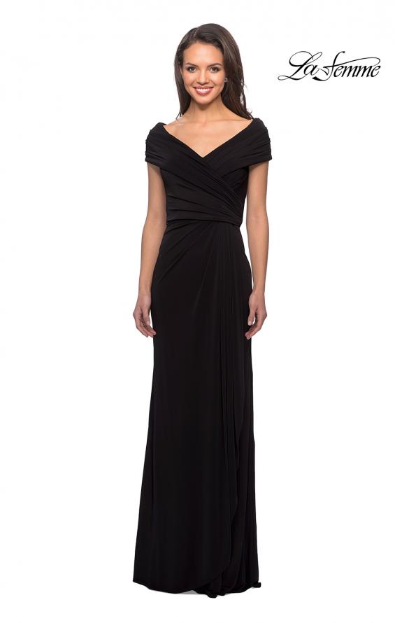 Picture of: Ruched Jersey Long Gown with V-Neckline in Black, Style: 26519, Detail Picture 5
