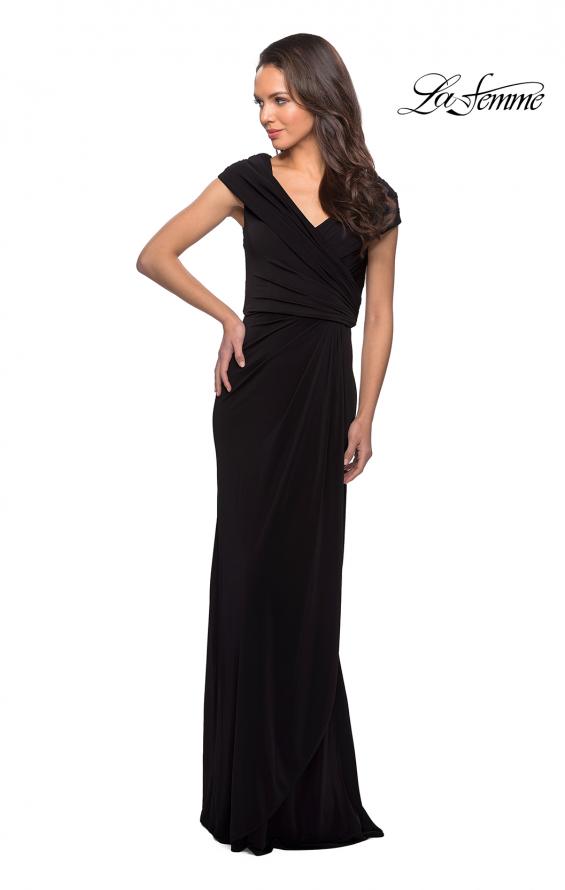 Picture of: Ruched Jersey Long Gown with V-Neckline in Black, Style: 26519, Detail Picture 6