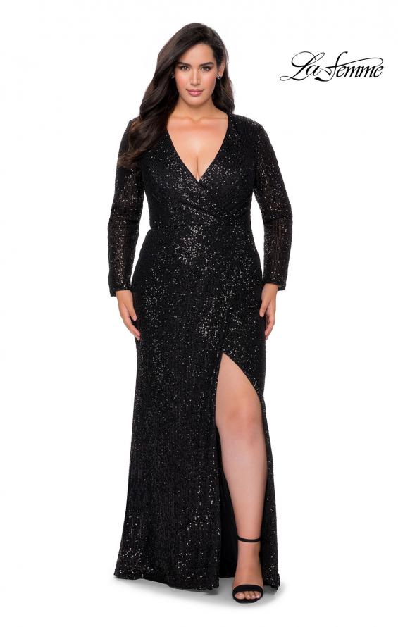 Picture of: Long Sleeve Sequin Plus Size Prom Dress with Slit in Black, Style: 28880, Detail Picture 2