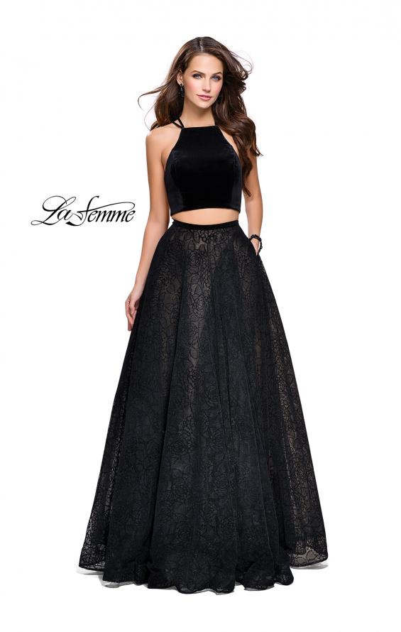 Picture of: Two Piece Long Ball Gown with Velvet Top and Open Back in Black, Style: 25592, Main Picture