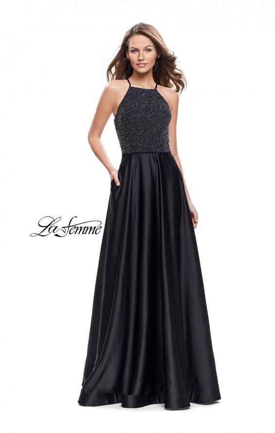 Picture of: Satin A-line Ball Gown Featuring Beading and a High Neck in Black, Style: 25601, Main Picture