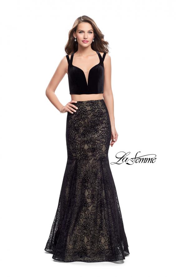 Picture of: Long Two Piece Prom Dress with Velvet Top in Black, Style: 25772, Main Picture
