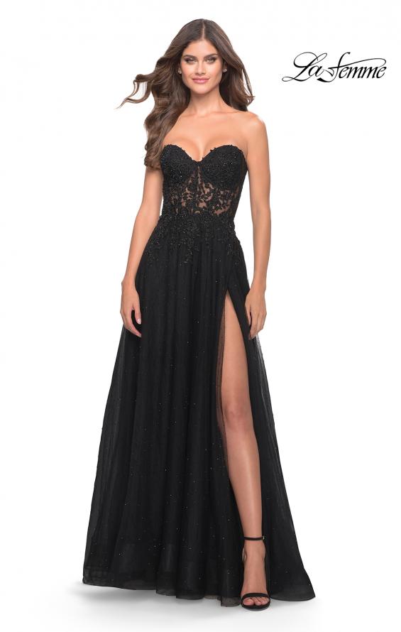 Picture of: Rhinestone Tulle A-Line Gown with Lace Bodice in Black, Style: 31525, Main Picture
