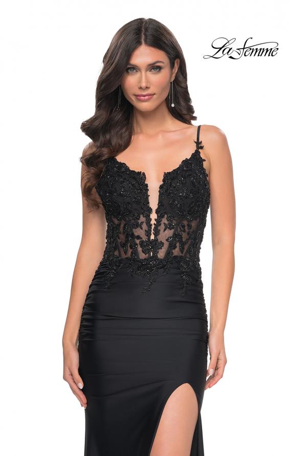 Picture of: Sheer Lace Top with Ruched Jersey Skirt Prom Dress in Black, Style: 32132, Main Picture
