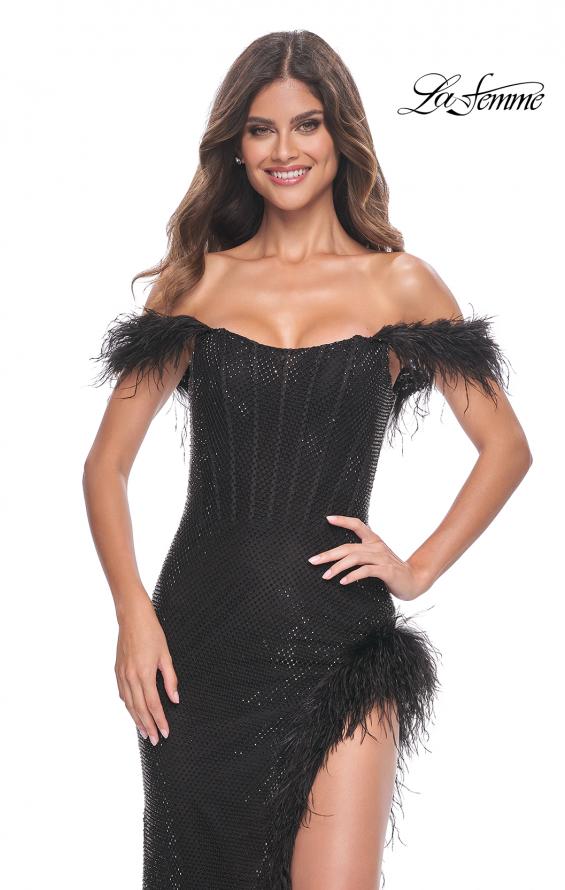 Picture of: Rhinestone Fishnet Dress with Feather Off the Shoulder Straps and Slit in Black, Style: 32151, Main Picture