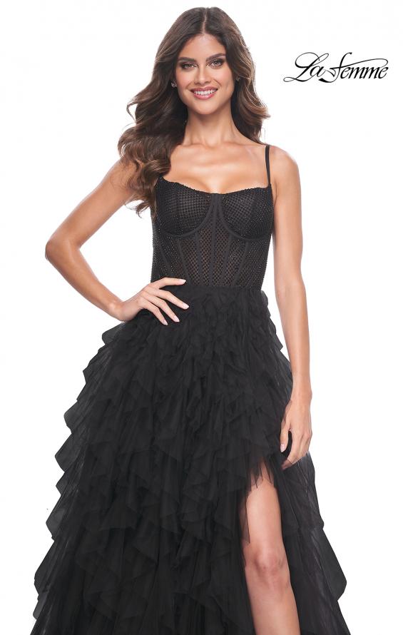 Picture of: Tulle A-Line Dress with Ruffle Skirt and Buster Rhinestone Fishnet Bodice in Black, Style: 32233, Main Picture