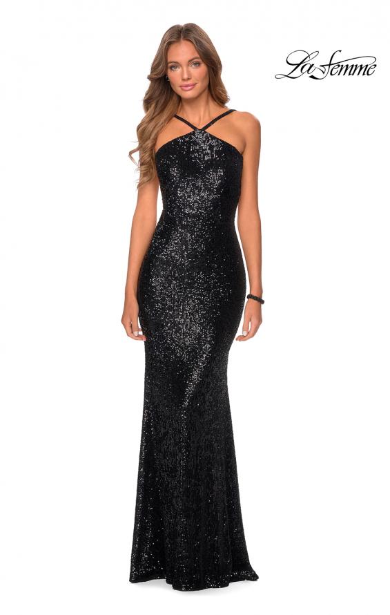 Picture of: Sequin Pyramid Neck Prom Dress with Open Back in Black, Style: 28650, Detail Picture 8