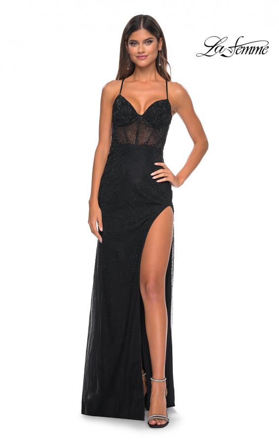 Picture of: Rhinestone Embellished Fitted Dress with Illusion Bustier Top in Black, Style: 31701, Detail Picture 8