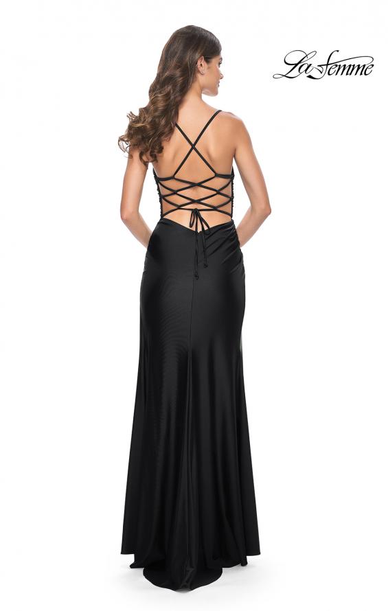 Picture of: Jersey Dress with Ruched Waist and Lace Up Back in Black, Style: 31987, Detail Picture 8
