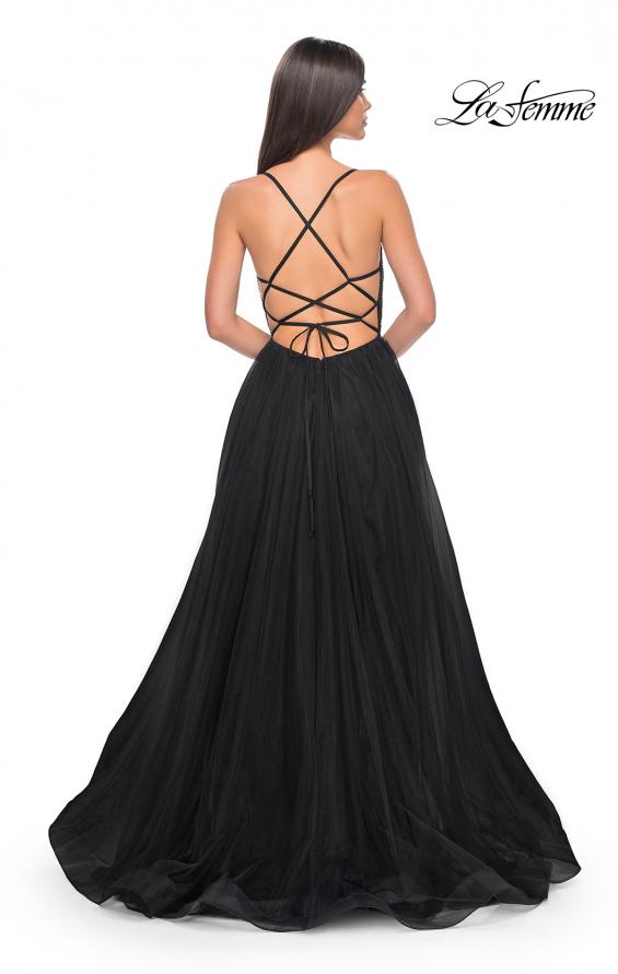 Picture of: A-Line Tulle Gown with High Slit and Illusion Rhinestone Fishnet Bodice in Black, Style: 32135, Detail Picture 8