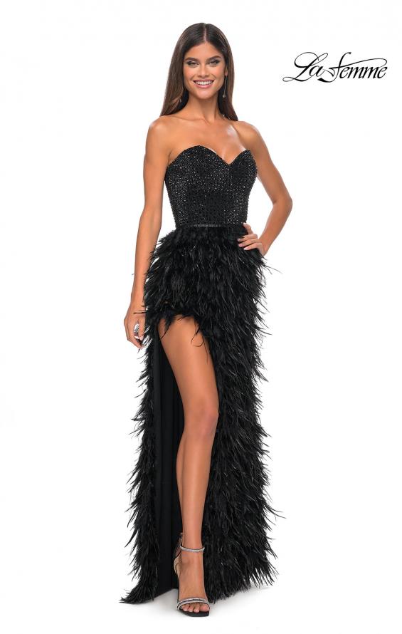 Picture of: Feather Prom Gown with High Slit and Full Rhinestone Strapless Bodice in Black, Style: 32165, Detail Picture 8