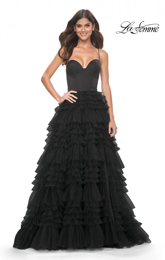 Picture of: Ruffle Tulle A-Line Dress with Satin Bustier Top in Black, Style: 32071, Detail Picture 9
