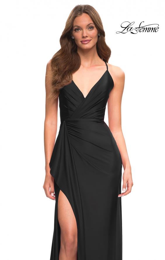 Picture of: Faux Wrap Jersey Dress with Slit and Strappy Back in Black, Style: 30501, Detail Picture 10