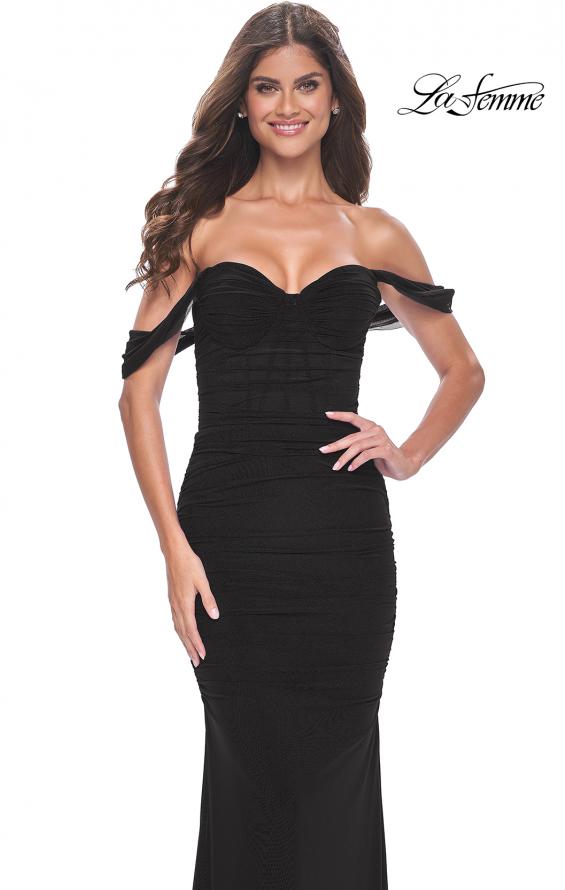 Picture of: Off the Shoulder Net Jersey Dress with Ruching in Black, Style: 31914, Detail Picture 10