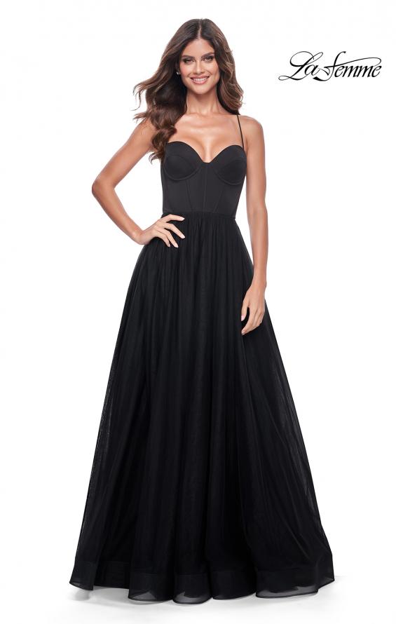 Picture of: Tulle A-Line Gown with Satin Bustier Top in Black, Style: 32065, Detail Picture 10