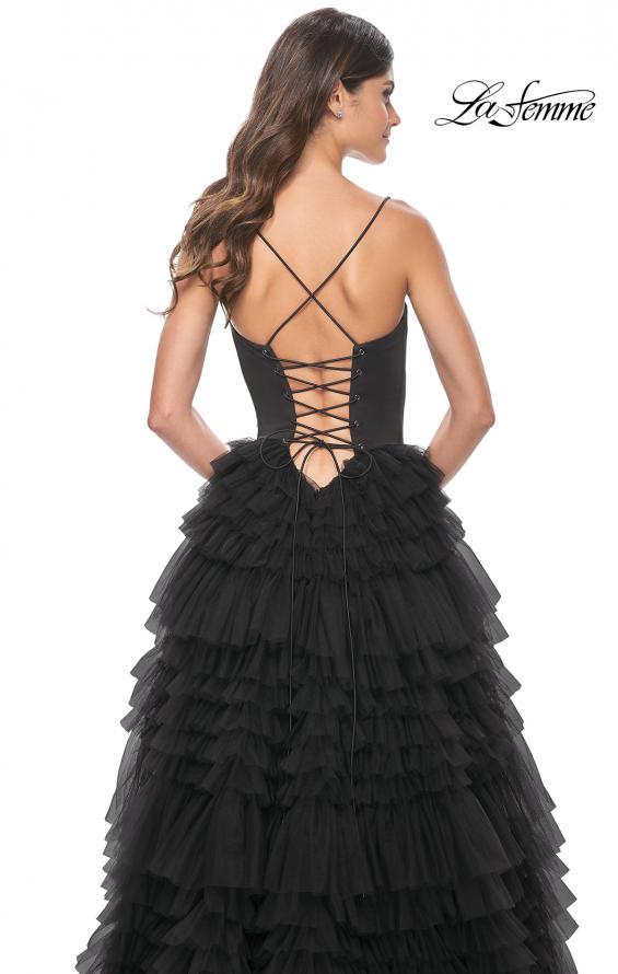 Picture of: Ruffle Tulle A-Line Dress with Satin Bustier Top in Black, Style: 32071, Detail Picture 10