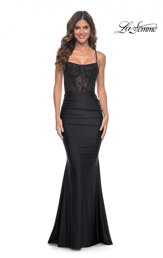 Picture of: Ruched Jersey Dress with Illusion Corset Lace Top in Black, Style: 31857, Detail Picture 11