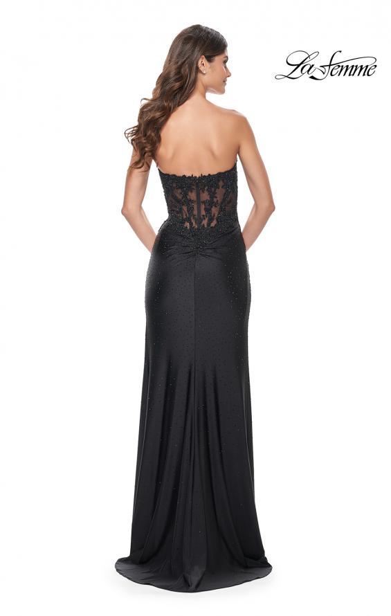 Picture of: Ruched Jersey Skirt with Lace Illusion Top and Rhinestone Prom Dress in Black, Style: 32011, Detail Picture 11