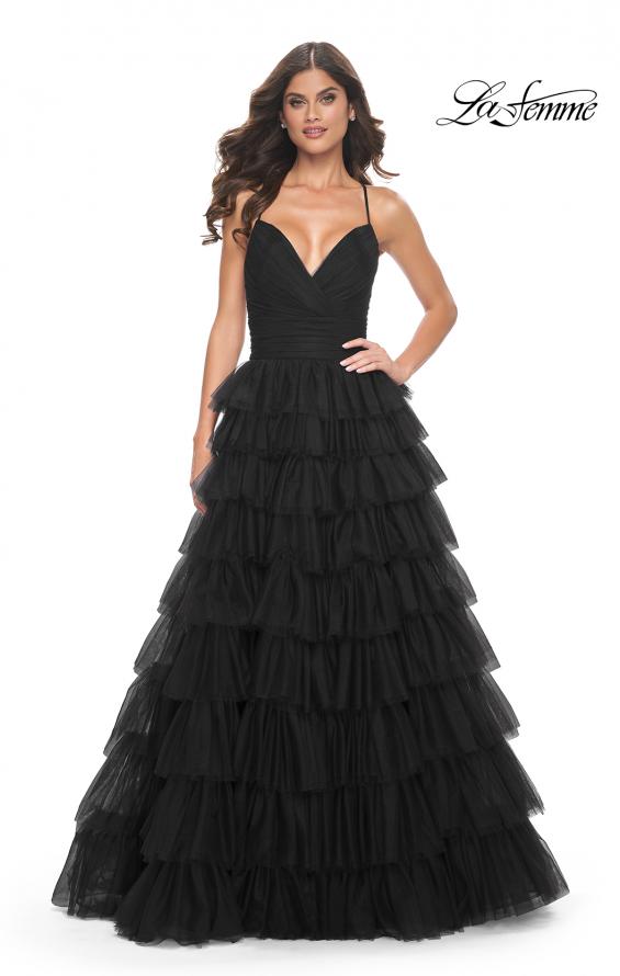 Picture of: A-Line Ruffle Tulle Gown with High Slit and Lace Up Back in Black, Style: 32086, Detail Picture 11
