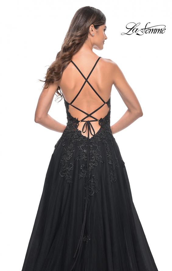 Picture of: A-Line Tulle Dress with Rhinestone Embellished Lace Applique in Black, Style: 32022, Detail Picture 12