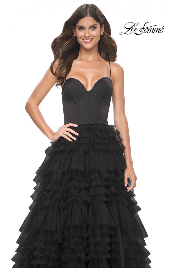 Picture of: Ruffle Tulle A-Line Dress with Satin Bustier Top in Black, Style: 32071, Detail Picture 12