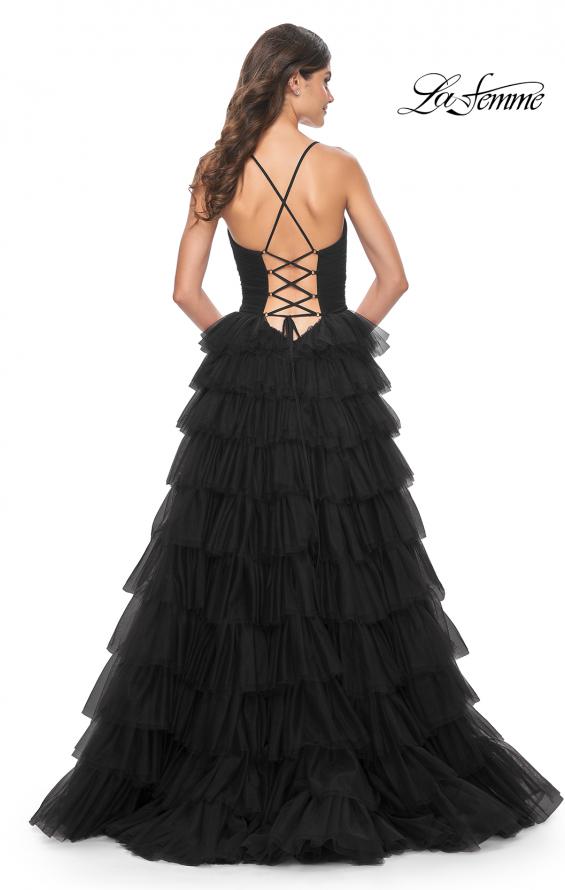 Picture of: A-Line Ruffle Tulle Gown with High Slit and Lace Up Back in Black, Style: 32086, Detail Picture 12
