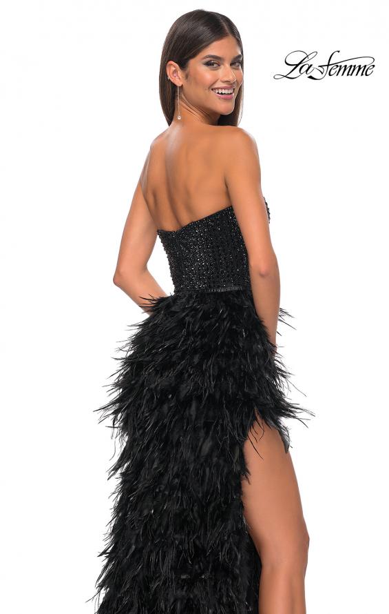 Picture of: Feather Prom Gown with High Slit and Full Rhinestone Strapless Bodice in Black, Style: 32165, Detail Picture 12