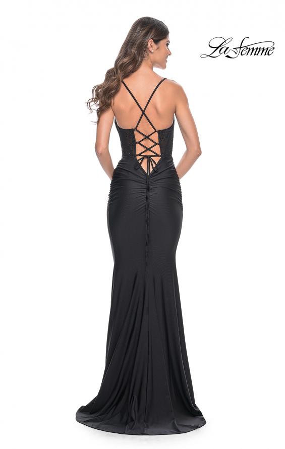 Picture of: Ruched Jersey Dress with Illusion Corset Lace Top in Black, Style: 31857, Detail Picture 13