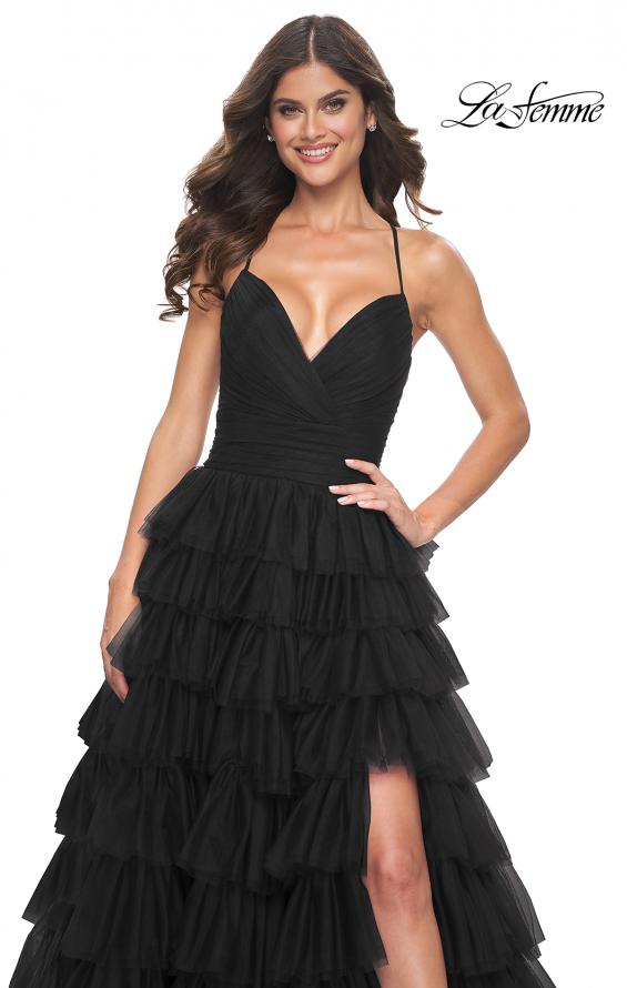 Picture of: A-Line Ruffle Tulle Gown with High Slit and Lace Up Back in Black, Style: 32086, Detail Picture 13