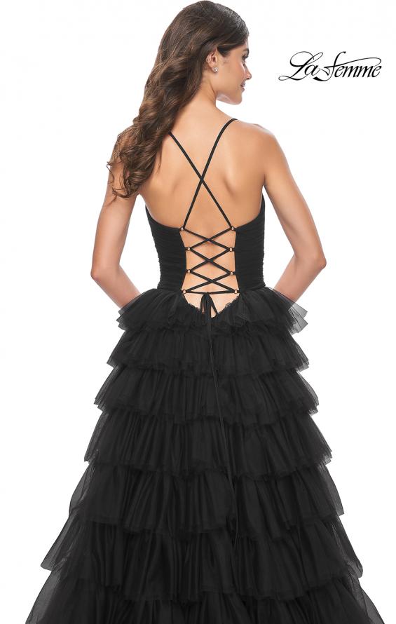 Picture of: A-Line Ruffle Tulle Gown with High Slit and Lace Up Back in Black, Style: 32086, Detail Picture 14
