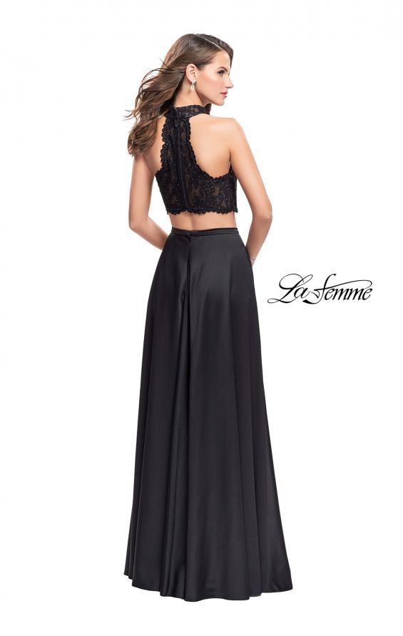 Picture of: Two piece gown with lace up top and satin A line skirt in Black, Style: 25263, Back Picture
