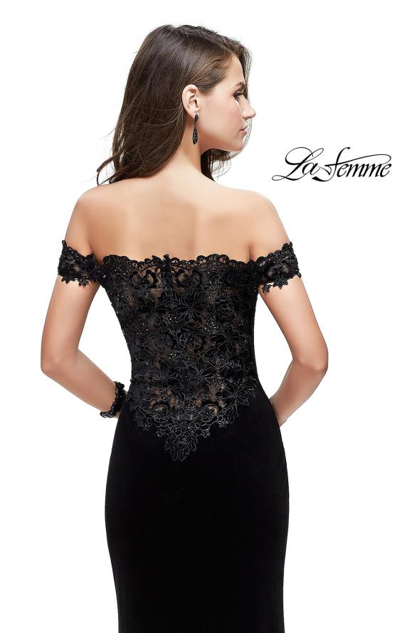 Picture of: Long Velvet Off the Shoulder Gown with Lace Detail in Black, Style: 25591, Back Picture