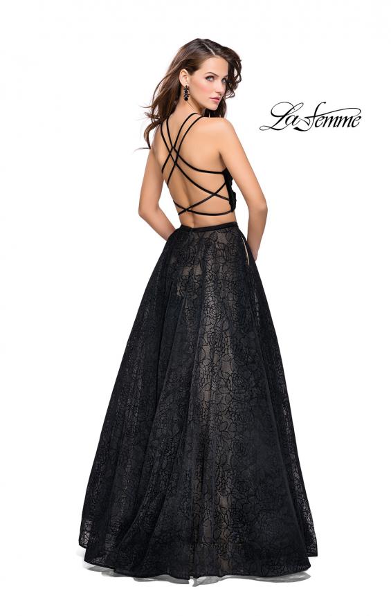 Picture of: Two Piece Long Ball Gown with Velvet Top and Open Back in Black, Style: 25592, Back Picture
