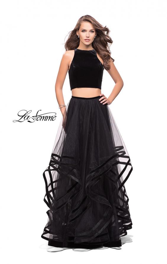 Picture of: Two Piece Tulle Gown with Velvet High Neck Top in Black, Style: 25817, Back Picture