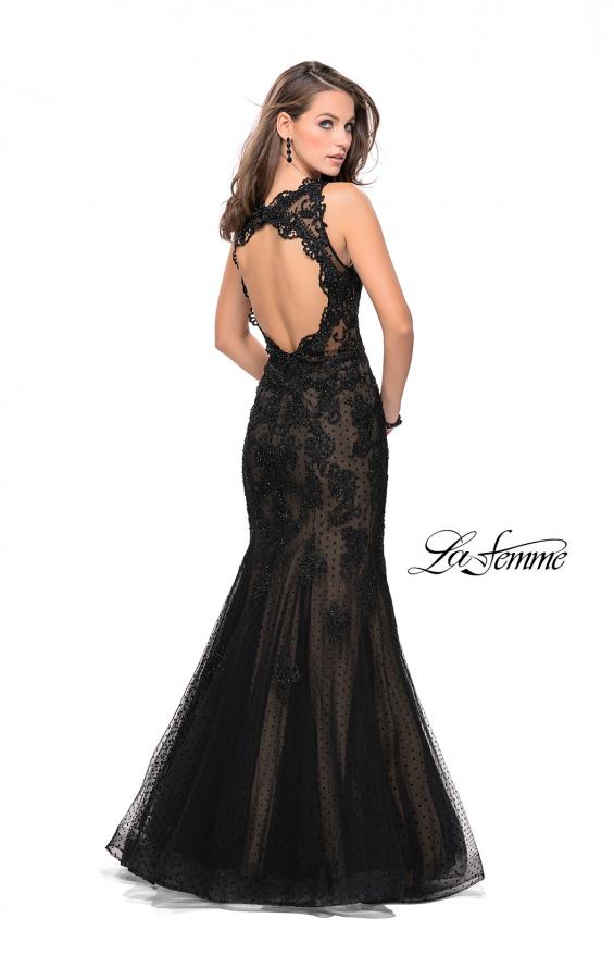 Picture of: Long Polka Dot Tulle Dress with Lace and Beading in Black, Style: 25961, Back Picture