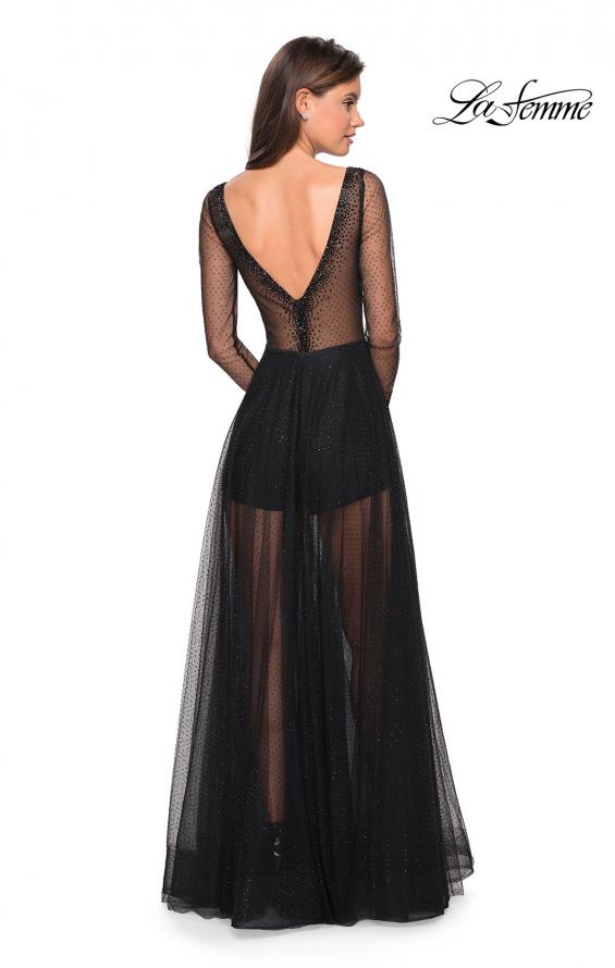 Picture of: Sheer Long Sleeve Gown with Rhinestones and Shorts in Black, Style: 27652, Back Picture