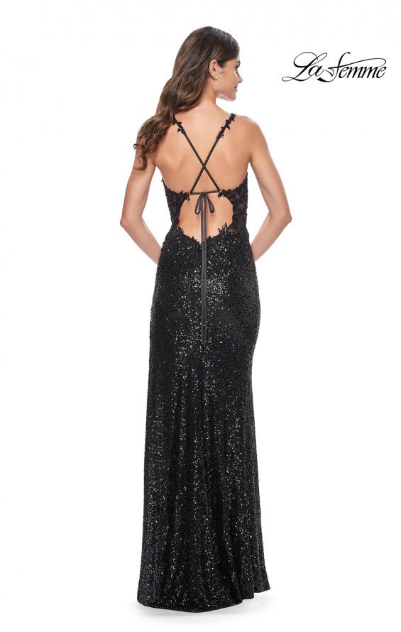 Picture of: Sequin Prom Dress with Lace Detail Illusion Bodice in Black, Style: 31657, Back Picture