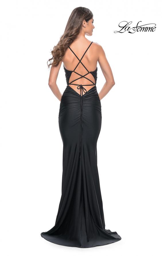 Picture of: Beaded Illusion Top with Ruched Jersey Skirt Prom Dress in Black, Style: 31920, Back Picture
