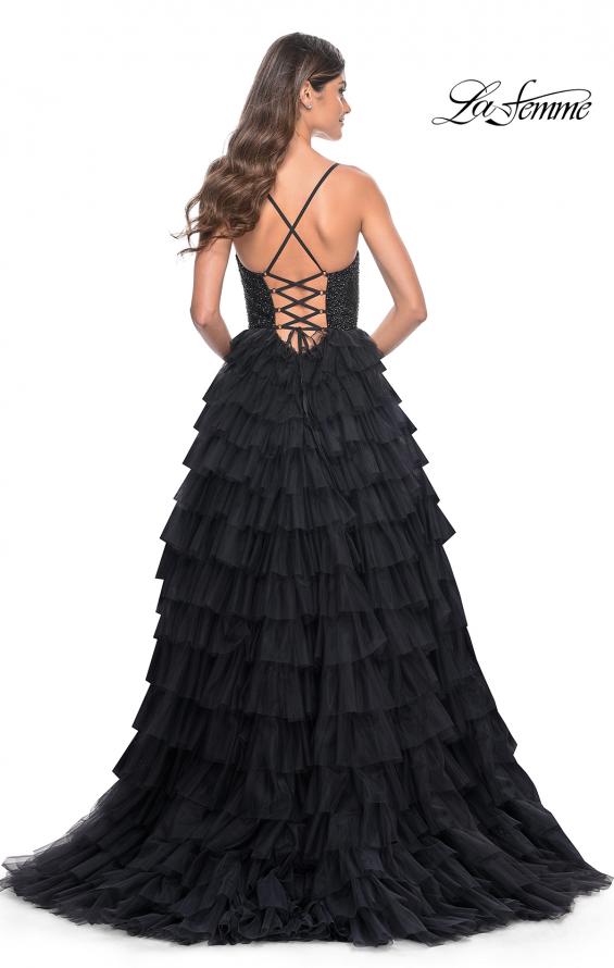 Picture of: Tiered Ruffle Tulle Prom Dress with Rhinestone Embellished Bodice in Black, Style: 32002, Back Picture