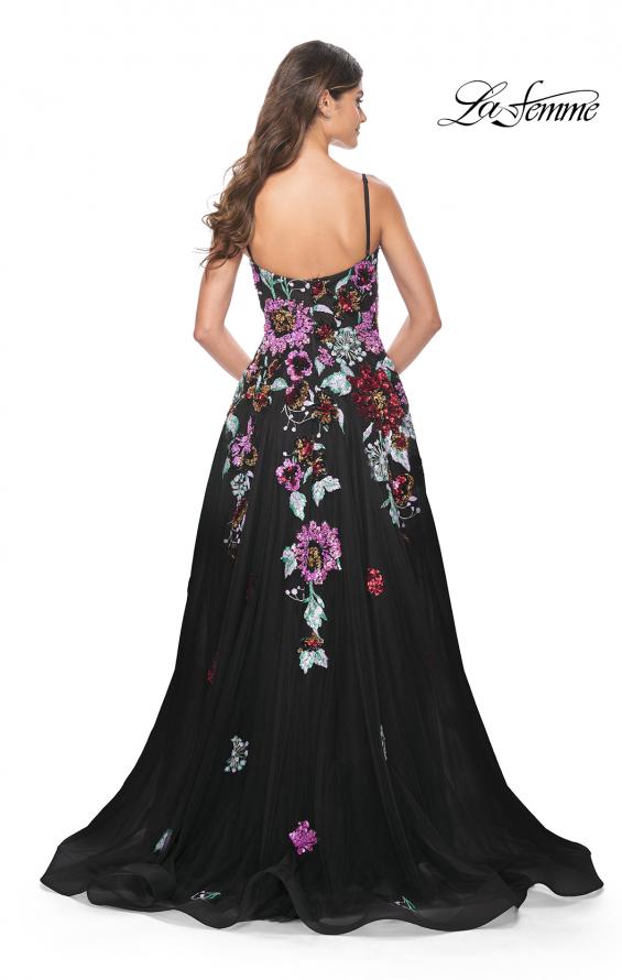 Picture of: Sequin Floral Print A-Line Tulle Gown with High Slit in Black, Style: 32019, Back Picture