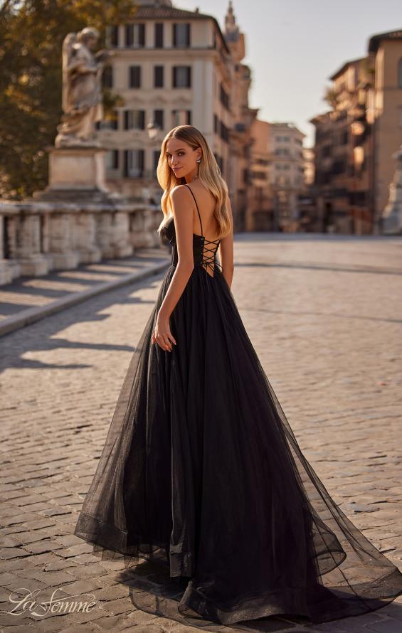 Picture of: Tulle A-Line Gown with Satin Bustier Top in Black, Style: 32065, Back Picture