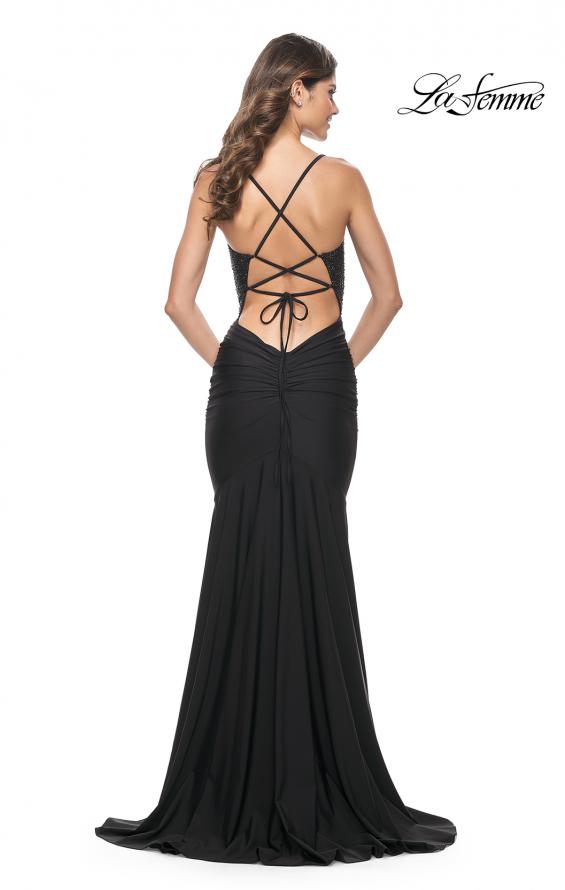 Picture of: Fitted Jersey Prom Dress with Full Rhinestone Illusion Bodice in Black, Style: 32079, Back Picture