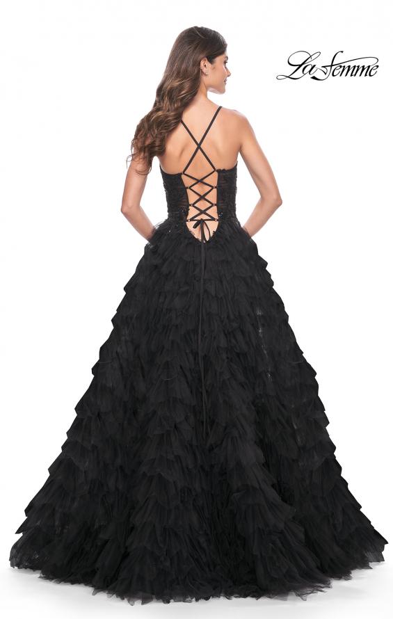 Picture of: Ruffle A-Line Dress with Ruched Bodice and Sequin Lace Applique in Black, Style: 32108, Back Picture