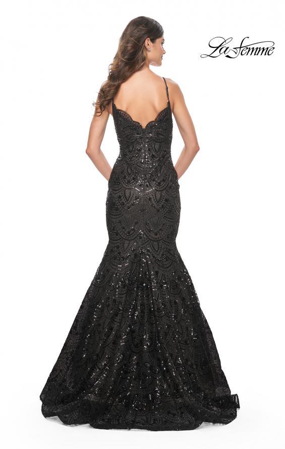 Picture of: Mermaid Print Sequin Dress with Scallop Detail Neckline in Black, Style: 32118, Back Picture