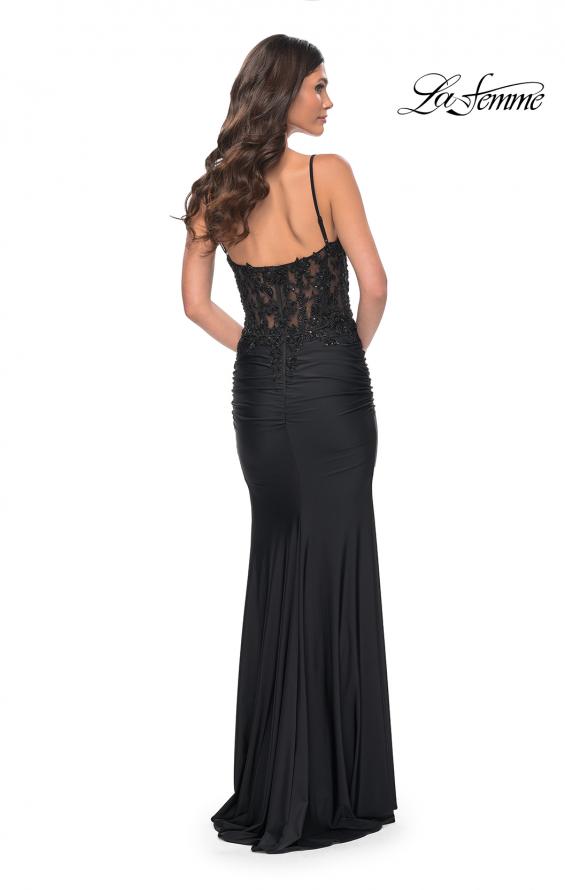 Picture of: Sheer Lace Top with Ruched Jersey Skirt Prom Dress in Black, Style: 32132, Back Picture