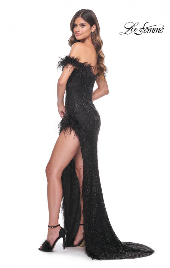 Picture of: Rhinestone Fishnet Dress with Feather Off the Shoulder Straps and Slit in Black, Style: 32151, Back Picture